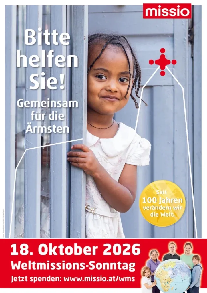 Ein Poster mit einem lächelnden Mädchen, das durch eine Tür späht. Das Poster ist für eine Wohltätigkeitsveranstaltung namens Weltmissions-Sonntag am 18. Oktober 2026.