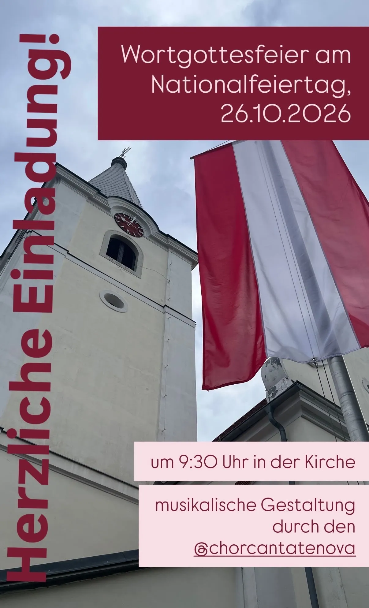 Ein Plakat für eine Wortgottesfeier am Nationalfeiertag, 26.10.2026, um 9:30 Uhr in der Kirche, mit einer Flagge und einem Turm mit einer Uhr.