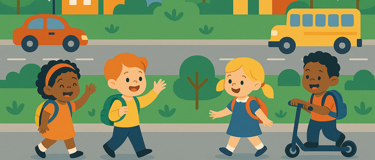 Eine Gruppe von Kindern geht lächelnd auf dem Bürgersteig und trägt Rucksäcke. Ein gelber Schulbus ist am Straßenrand geparkt.