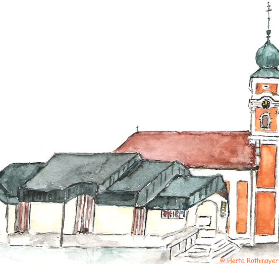 Eine Aquarellmalerei einer Kirche mit Turm, grüner Kuppel und braunem Dach. Das Gebäude hat ein beige und weißes Äußeres.