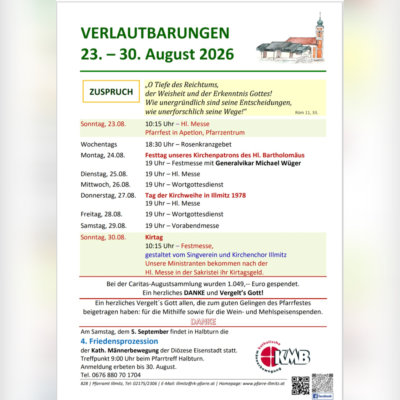 Ein Flyer für eine Kirchenveranstaltung vom 23. bis 30. August 2026 mit einer Kirche auf der rechten Seite, einem Zeitplan der Gottesdienste und einer Spendenaufforderung für eine Caritas-August-Versammlung.