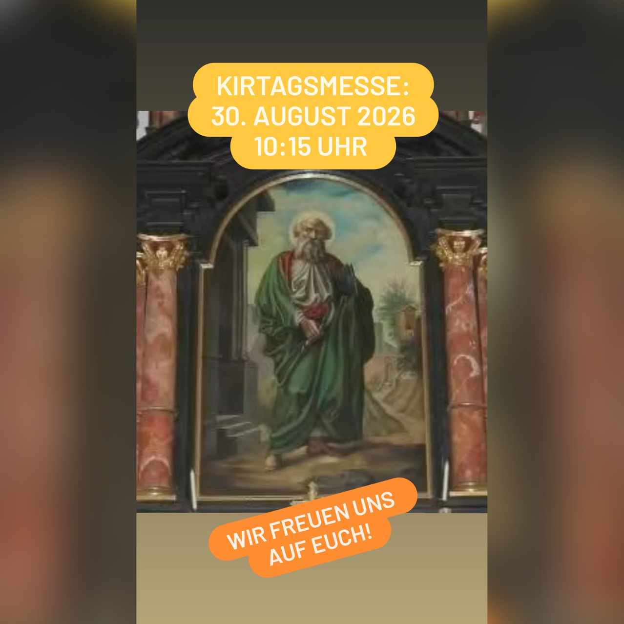 Ein Plakat mit einem religiösen Gemälde eines Heiligen, das einen Gottesdienst am 30. August 2026 um 10:15 Uhr ankündigt. Der Text 'Wir freuen uns auf euch!' ist in Orange geschrieben.