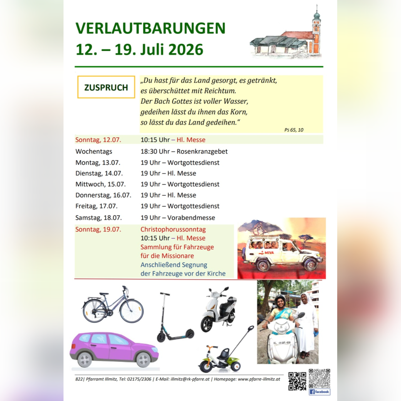 Ein Flyer mit einem Kirchengebäude oben, einem Zeitplan von Veranstaltungen vom 12. bis 19. Juli 2026 und einer Sammlung für Kirchenfahrzeuge.