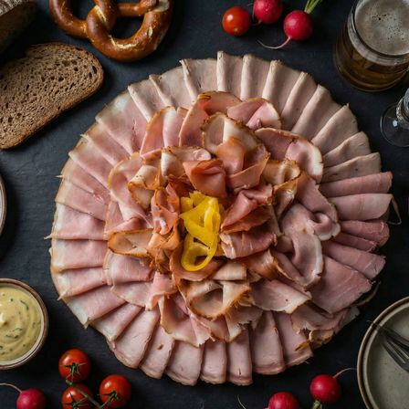 Eine Platte mit dünn geschnittenem Schinken ist in einem Kreismuster angeordnet, mit Radieschen, Tomaten, einem Brezel und einem Glas Bier. Daneben gibt es eine Senfschale, eine Gabel und Brot.