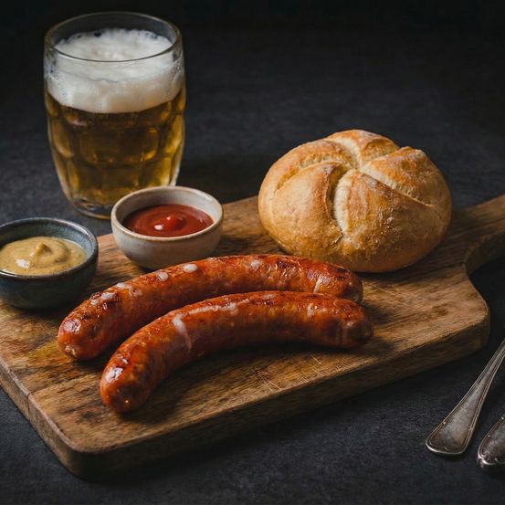 Zwei Würste auf einem Holzschneidebrett mit einem Glas Bier und Gewürzen. Ein Brötchen ist in der Nähe, und zwei Löffel liegen auf dem Tisch.