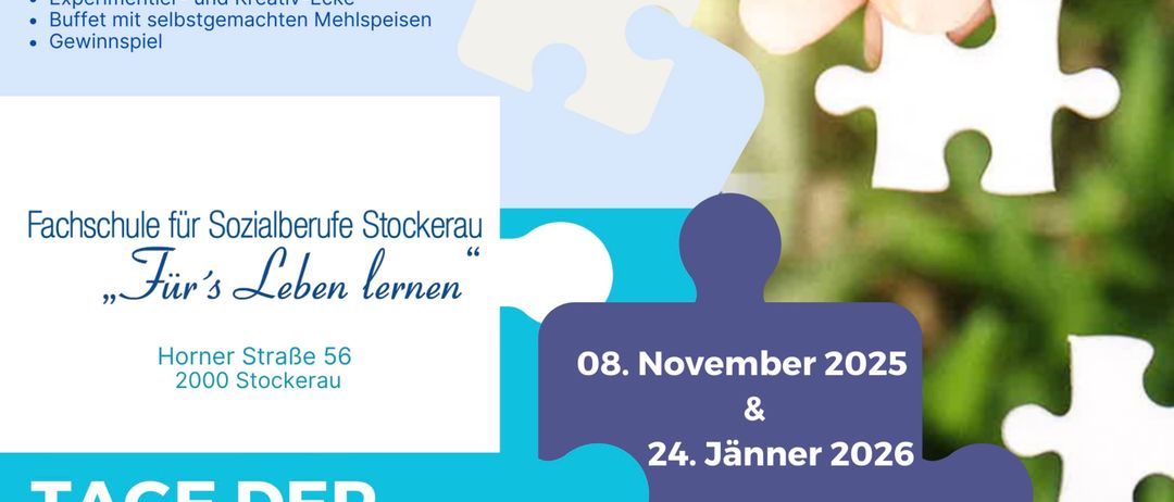 Plakat für eine Veranstaltung mit dem Titel 'Lernen aus dem Leben' bei Sozialberufe Stockerau. Termine: 8. November 2025 und 24. Jänner 2026. Zeit: 8.30-13.00 Uhr. Ort: Stockerau. Kontakt: +43 (0) www.fsst.