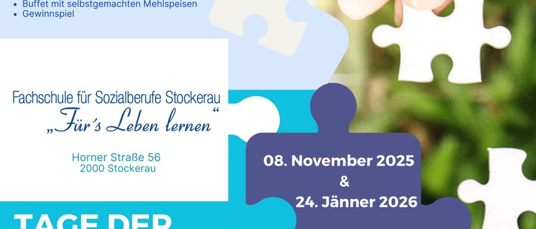 Ein Veranstaltungsposter für "Leben lernen" zeigt Puzzleteile, Termine für den 8. November 2025 und den 24. Januar 2026, eine Kontaktnummer und eine Website.