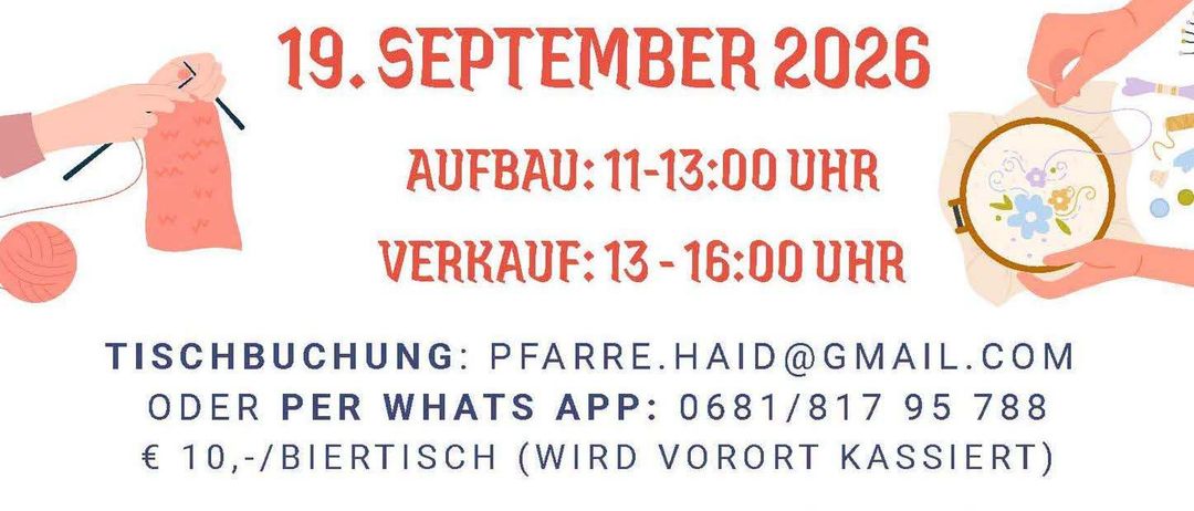 Plakat für Pfarrgemeinde Flohmarkt für Selbstverkaufer, ein Flohmarkt-Event in Haid, Deutschland, am 19. September 2026. Es enthält Details wie Aufbauzeit, Verkaufszeiten und Kontaktinformationen.