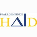 Das Logo für HALD Pfarrgemeinde, mit einem blauen Dreieck, gelben Buchstaben und einer blauen Linie.