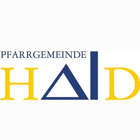 Das Logo für HALD Pfarrgemeinde, mit einem blauen Dreieck, gelben Buchstaben und einer blauen Linie.