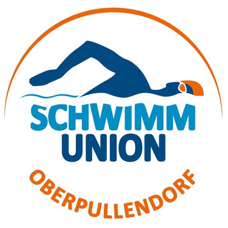 Das Logo der Schwimm Union Oberpullendorf zeigt einen blauen Schwimmer in Bewegung mit dem Text Schwimm Union Oberpullendorf in Blau und Orange.