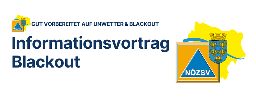 Ein weißer Hintergrund mit dem Wort 'Blackout' in fetter schwarzer Schrift und einem blau-gelben Logo mit dem Text 'NOZSV' in der Mitte.
