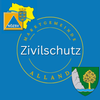 Ein blaues Logo für 'Zivilschutz Alland' zeigt einen gelben Kreis mit einem Baumemblem und einem Felsen, auf einem blauen Hintergrund mit einer Karte einer Region.