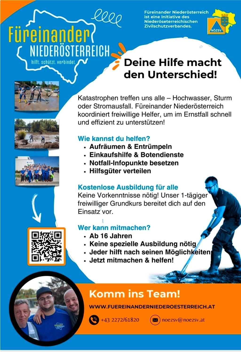 Poster about volunteering for disaster relief in Lower Austria. Offers tasks like cleaning, shopping help, and distributing aid. No prior knowledge needed. Training is free. Age requirement: 16+. Join the team!