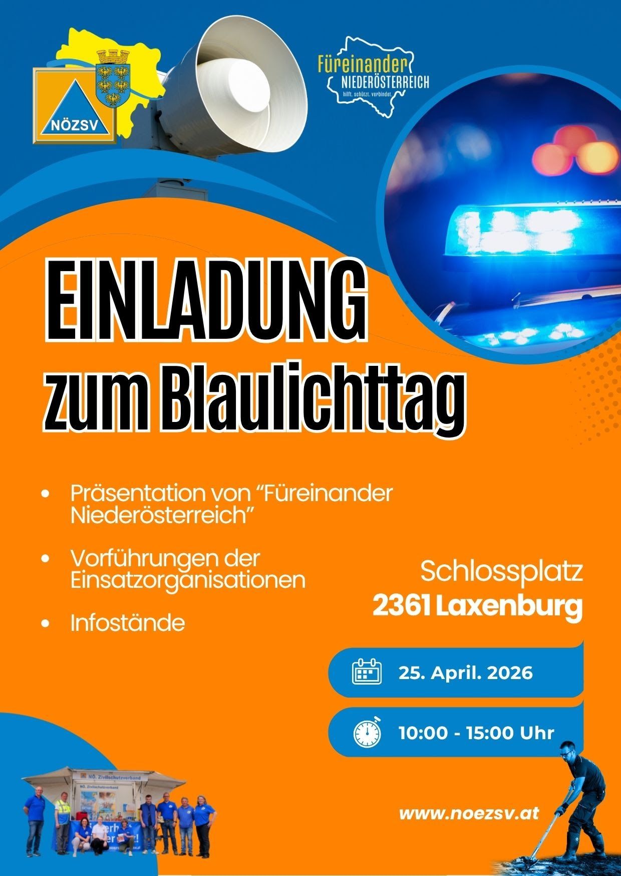 Poster for Blue Light Day event. Features presentation by "Firefighters of Lower Austria", demonstrations by emergency services, and exhibits. Scheduled for April 25, 2026, from 10:00 to 15:00 at Schlossplatz 2361 Laxenburg.
