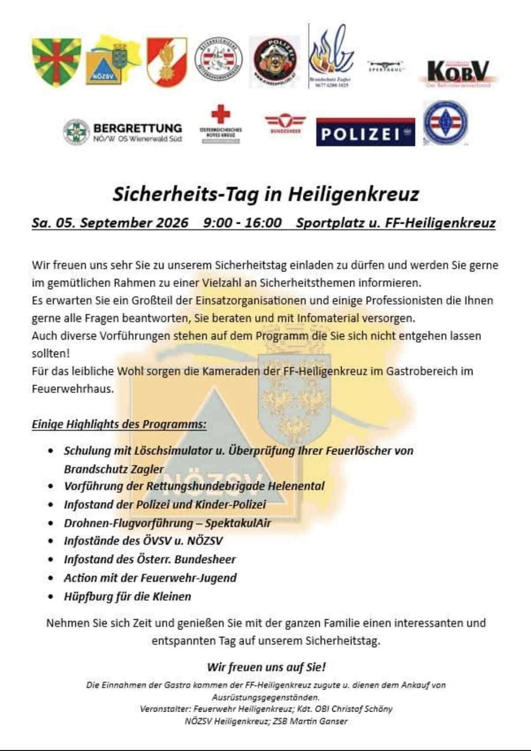 Plakat für einen Sicherheitstag in Heiligenkreuz am 5. September 2026 mit verschiedenen Sicherheitsvorführungen und Präsentationen von Rettungsdiensten.