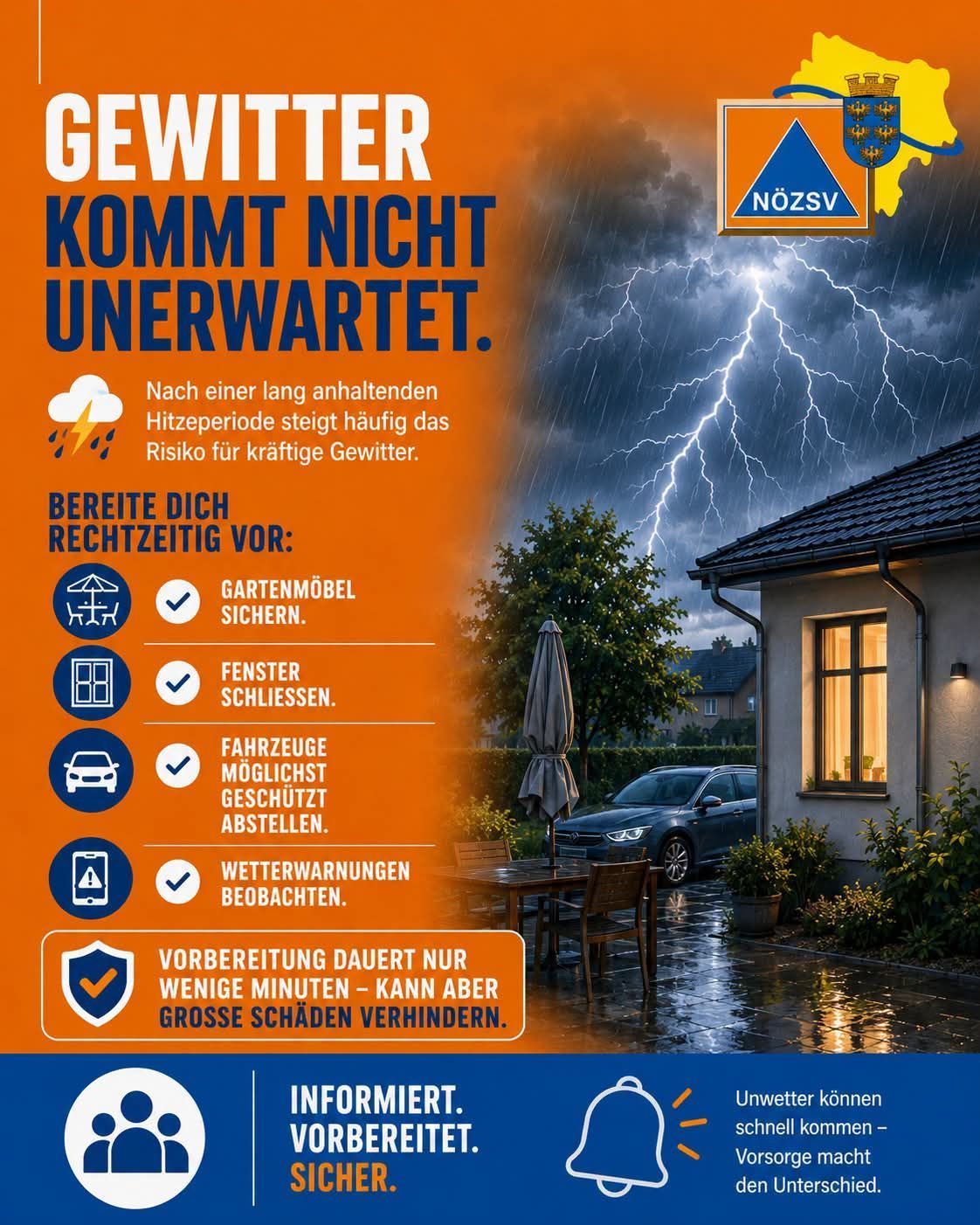 A poster advises to prepare for unexpected storms. It lists securing garden furniture, closing windows, parking cars, and monitoring weather alerts. The poster features a house, a car, and a thunderstorm.