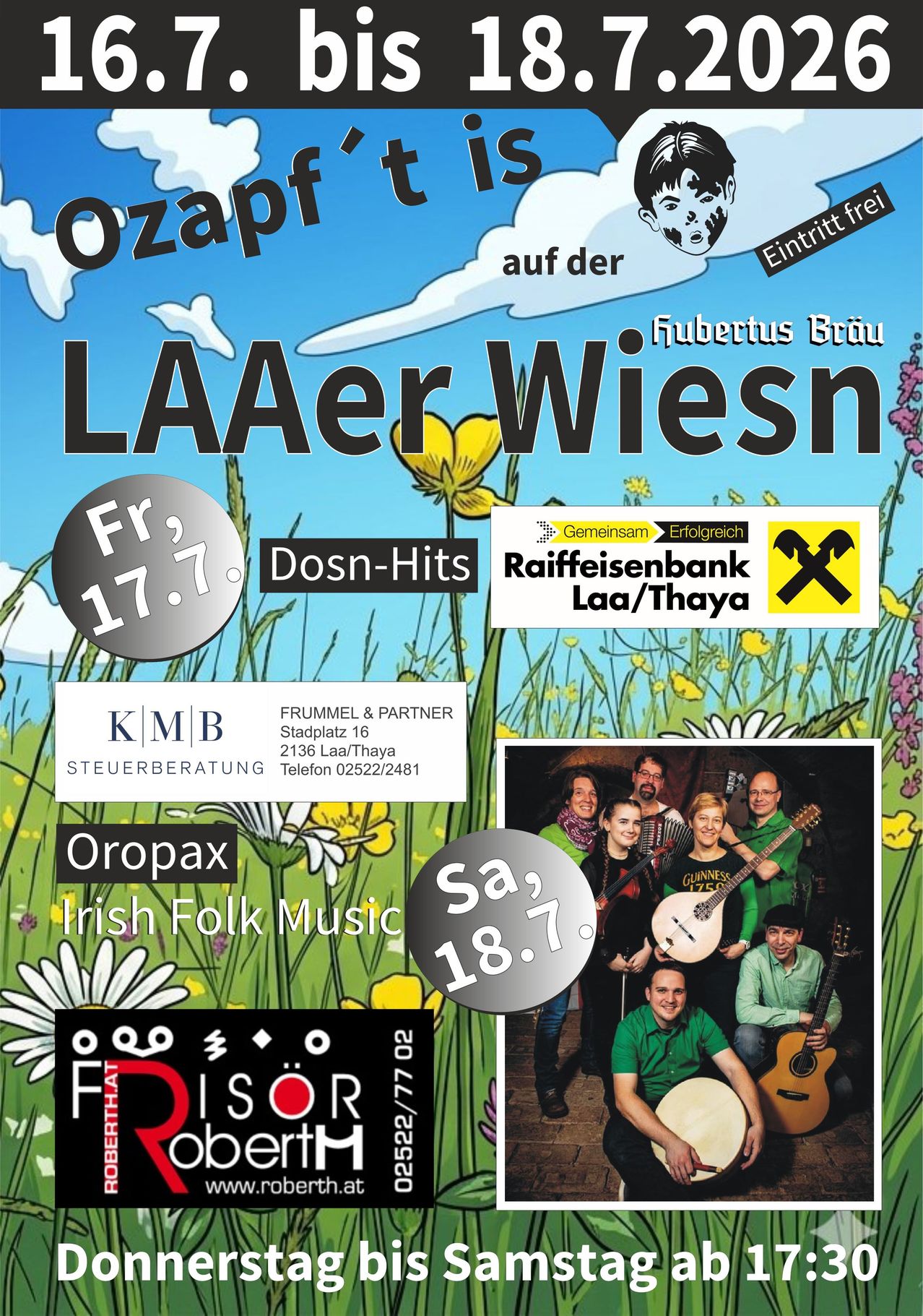 Plakat für ein Musikevent mit irischer Folkmusik von Oropax, mit einem Gruppenfoto von Musikern, Veranstaltungsdetails und Sponsoren.
