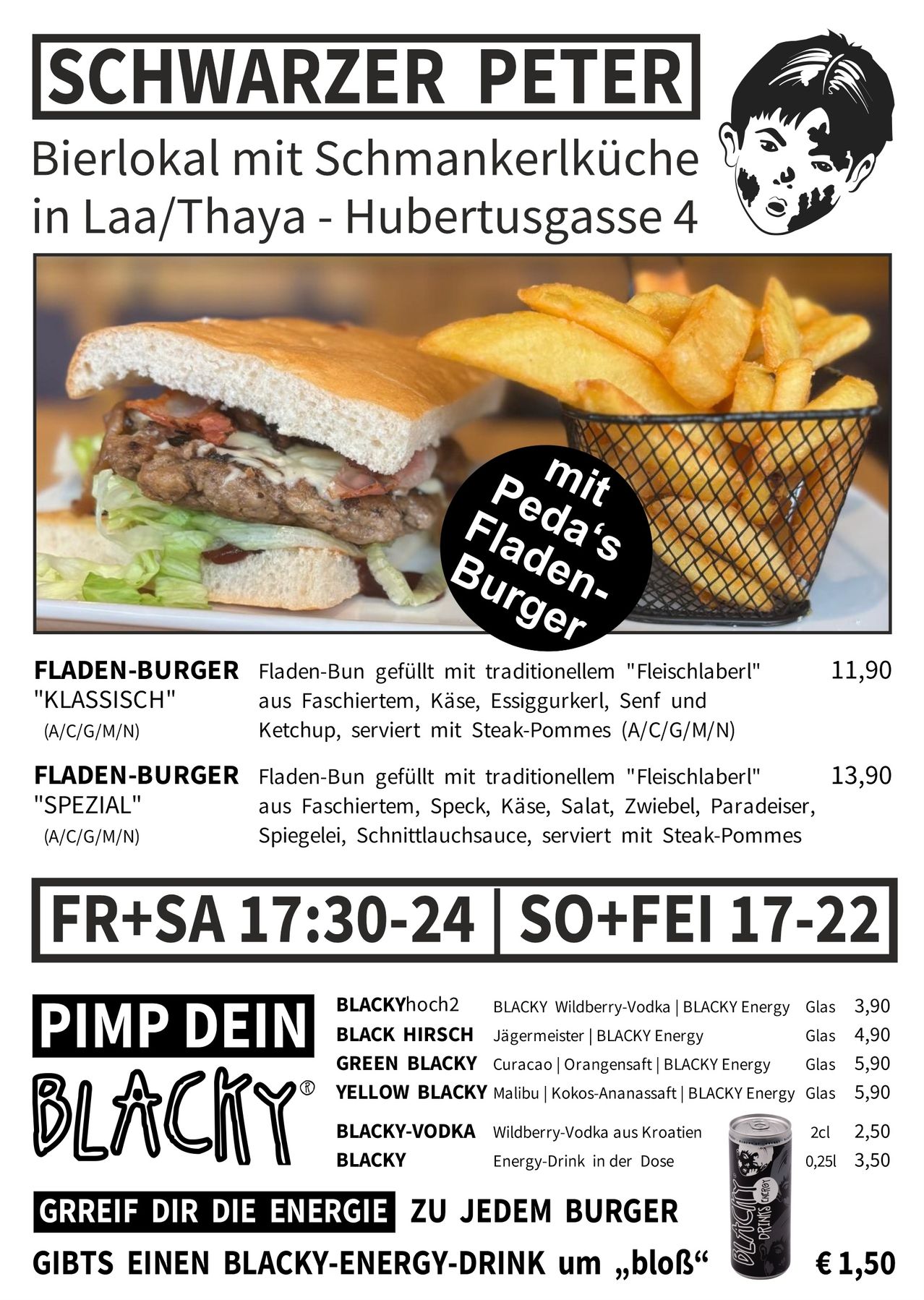 Eine Werbung für ein Restaurant mit einem Burger und Pommes, mit Text auf Deutsch über das Menü und die Preise.