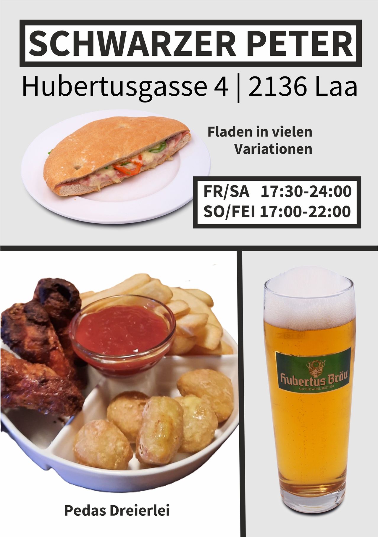 An advertisement for Hubertusgasse 4, featuring a sandwich, chicken wings with fries, and a beer. The sandwich is on a white plate, the chicken wings are on a platter with fries and a bowl of ketchup, and the beer is in a glass. The text provides opening hours.