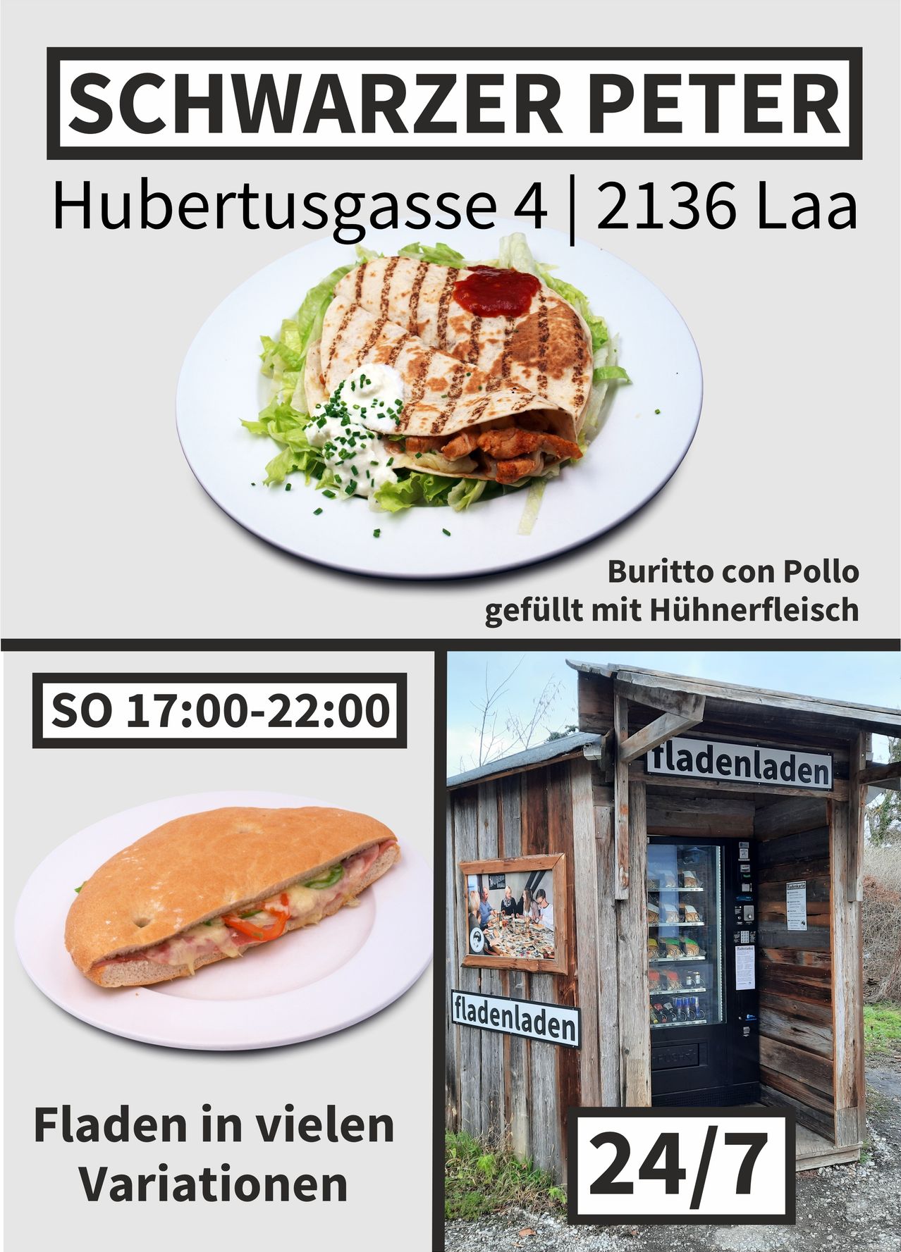 A plate of a burrito filled with chicken and topped with lettuce, sauce, and cheese. Below it, a sandwich with cheese, peppers, and ham. On the right, a small wooden building with a sign reading 'Fladenladen'.
