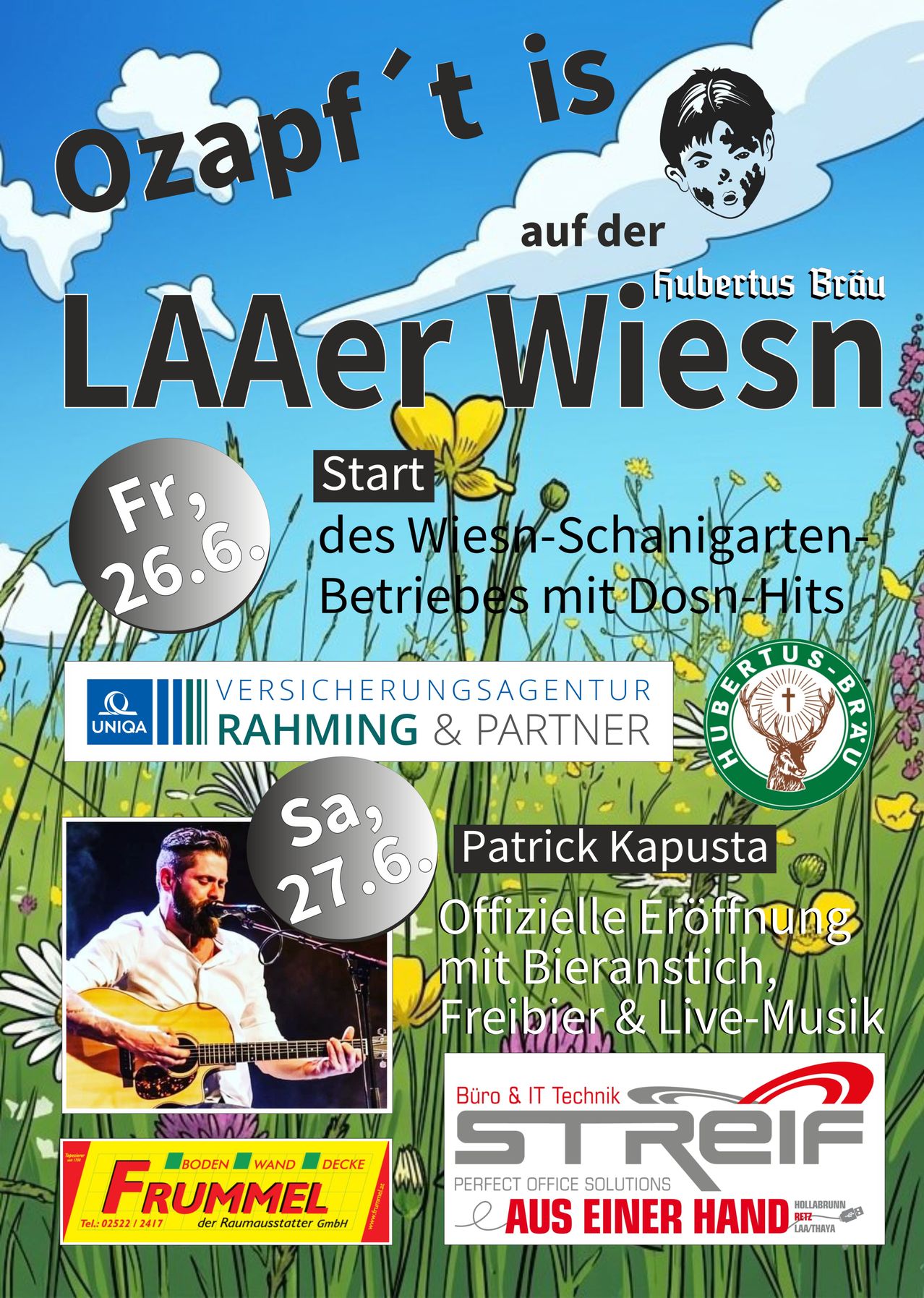Werbeplakat für das LAAer Wiesen-Event am 26. Juni mit Dosen-Hits und am 27. Juni mit Patrick Kapusta mit Bierzelt, Verpflegung und Live-Musik.