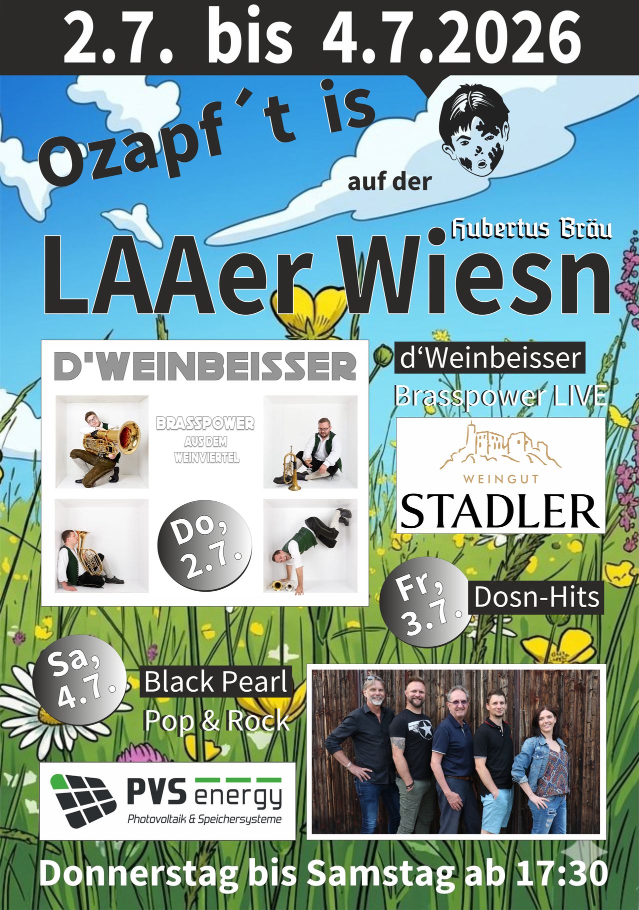 Plakat für eine Musikveranstaltung auf LAAer Wiesen mit der Brassband Brasspower und Black Pearl. Termine und Uhrzeiten sind angegeben. Enthält Bilder von Musikern und ein Bandfoto.