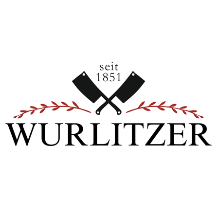 Das Logo für Wurlitzer, gegründet 1851, zeigt zwei gekreuzte Messer über dem Namen mit dekorativen roten Blättern.