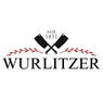 Das Logo für Wurlitzer, gegründet 1851, zeigt zwei gekreuzte Messer über dem Namen mit dekorativen roten Blättern.