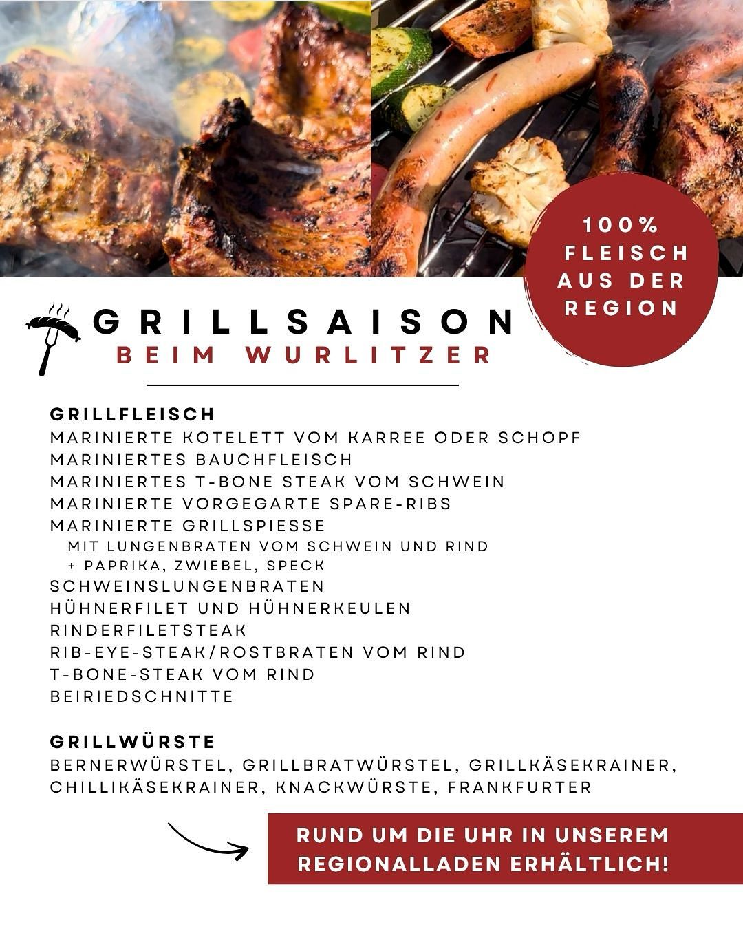 Grillsaison-Poster mit verschiedenen gegrillten Fleischsorten und Würsten. Beinhaltet marinierte Stücke, Rippchen und mehr. Aus der Region. Bernerwurstel, Grillbratwurstel und mehr. Reservieren Sie Ihren Platz für den Grill.