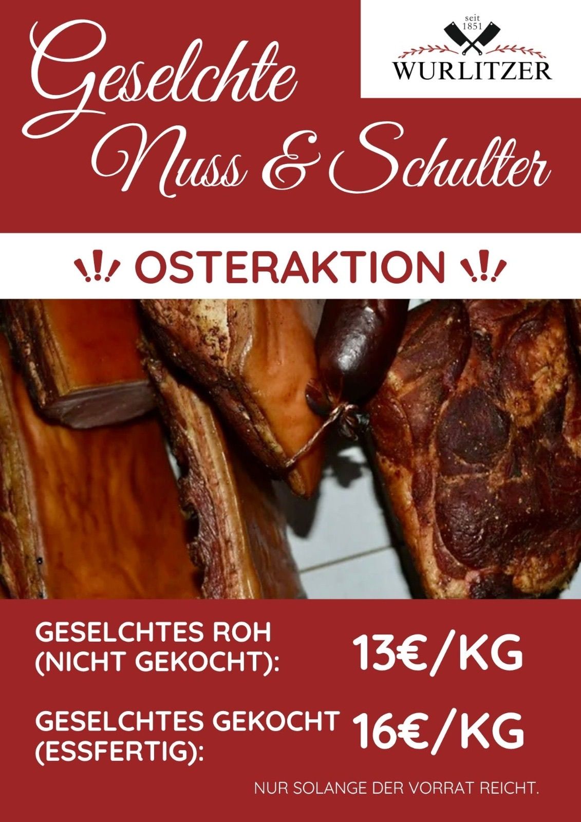 Eine Werbung für Nuss & Schulter Osteraktion zeigt Scheiben von rohem Fleisch zum Preis von 13€ pro kg. Der Text ist auf Deutsch.