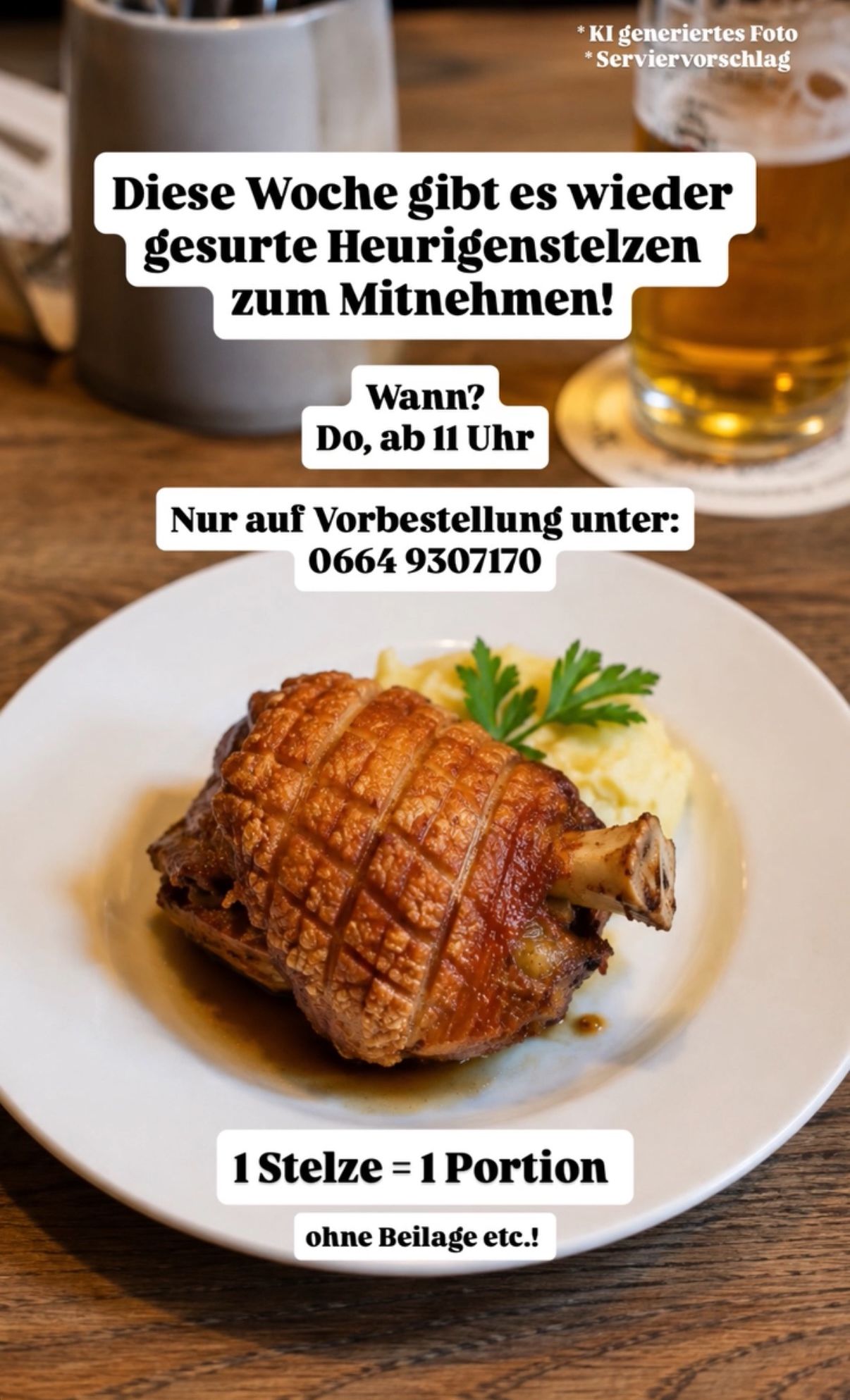 Ein Teller mit gebratenem Schweinenacken, Kartoffelpüree und Petersilie, begleitet von einem Glas Bier und einem Schild, das auf Abholung hinweist.