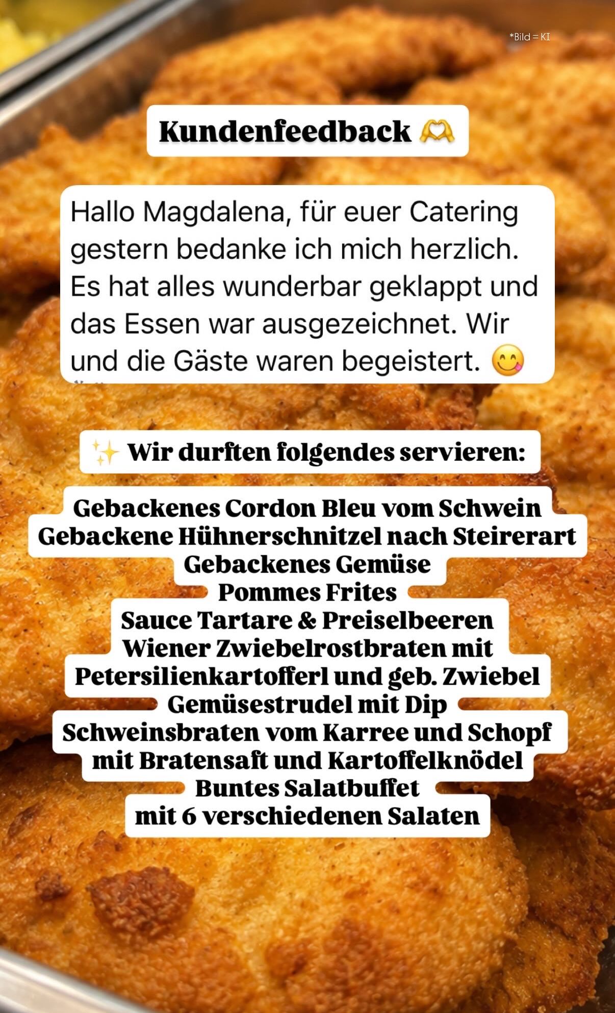 Eine Speisekarte mit verschiedenen Gerichten, darunter Cordon Bleu, Hühnerschnitzel und Gemüse, begleitet von einer Dankesbotschaft für einen Catering-Service.