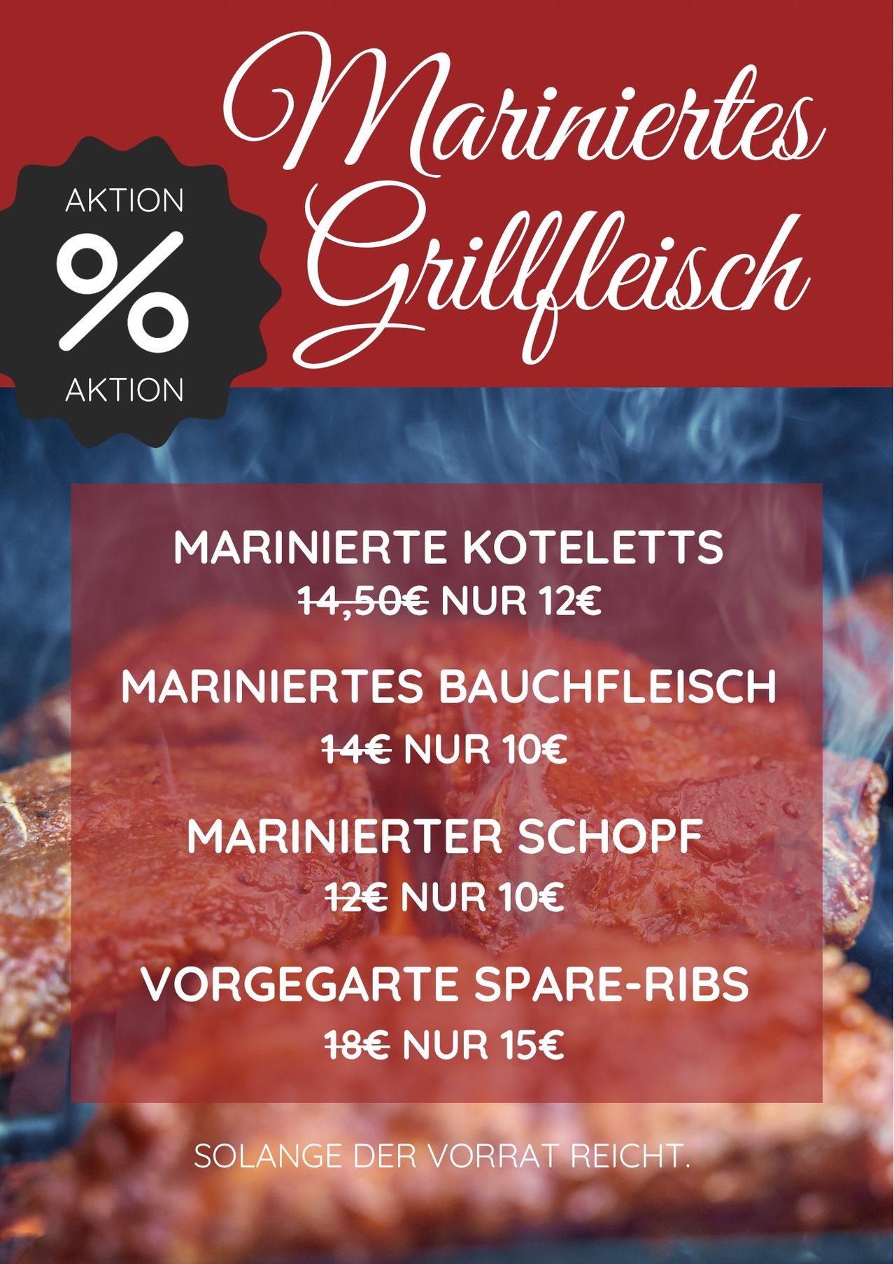 An advertisement for marinated cuts of meat with a discount percentage. The cuts include marinierte Koteletts, mariniertes Bauchfleisch, marinierter Schopf, and vorgegarte Spare-Ribs. Each item has a discounted price.