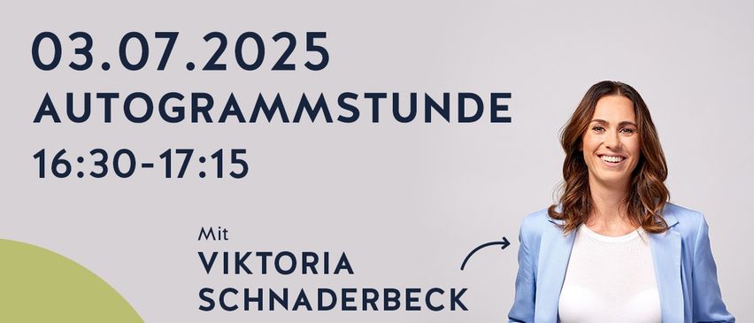 Ein Bild, das eine Veranstaltung am 2. Juli 2025 um 17:15 Uhr bewirbt. Es zeigt Viktoria Schnaderbeck, ehemalige Kapitänin der österreichischen Nationalmannschaft, lächelnd. Das Bild hat einen weißen und grünen Hintergrund.