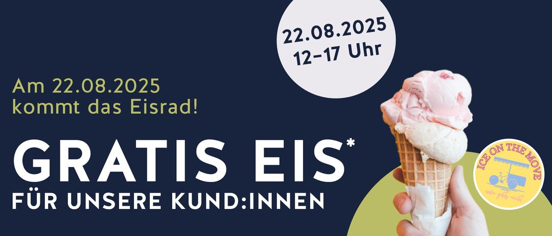 Plakat für eine Eiscreme-Fahrveranstaltung. Datum: 22.08.2025, Zeit: 12-17 Uhr. Text: Eisfahrt! AT IS ICE. Kunden: Indoor.