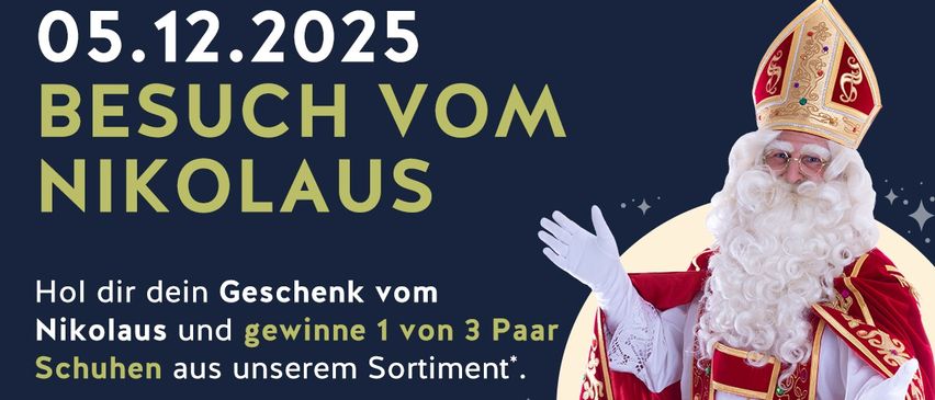 Werbeposter für ein Geschenk zum 2. Dezember 2025. Eine Figur des Weihnachtsmanns in traditioneller rot-weißer Kleidung, die einen weißen Handschuh hält und einen Bischofshut trägt. Der Text lautet 'Buch von St. Nikolaus' und 'Ein Geschenk von uns und gewinne 1 von 3 Paaren aus unserem Sortiment'.