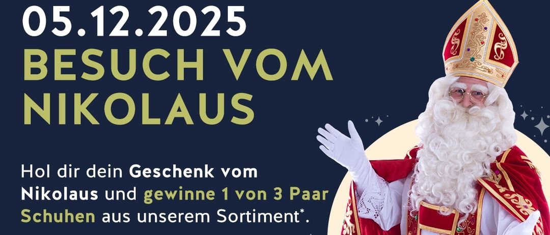 Werbeposter für ein Geschenk zum 2. Dezember 2025. Eine Figur des Weihnachtsmanns in traditioneller rot-weißer Kleidung, die einen weißen Handschuh hält und einen Bischofshut trägt. Der Text lautet 'Buch von St. Nikolaus' und 'Ein Geschenk von uns und gewinne 1 von 3 Paaren aus unserem Sortiment'.
