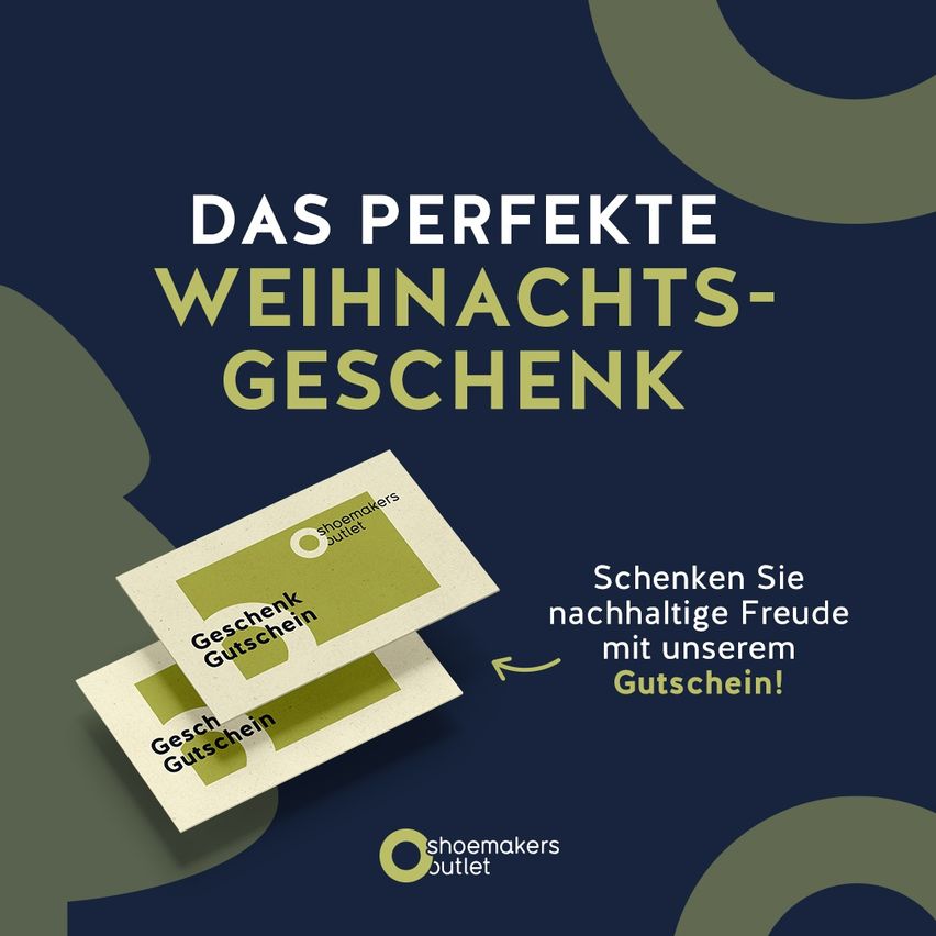 Eine Werbung für nachhaltige Geschenkgutscheine von Shoemakers Outlet, die einen Geschenkgutschein mit Text auf Deutsch zeigt. Sie fördert die Idee, mit ihren Geschenkgutscheinen dauerhafte Freude zu verschenken.