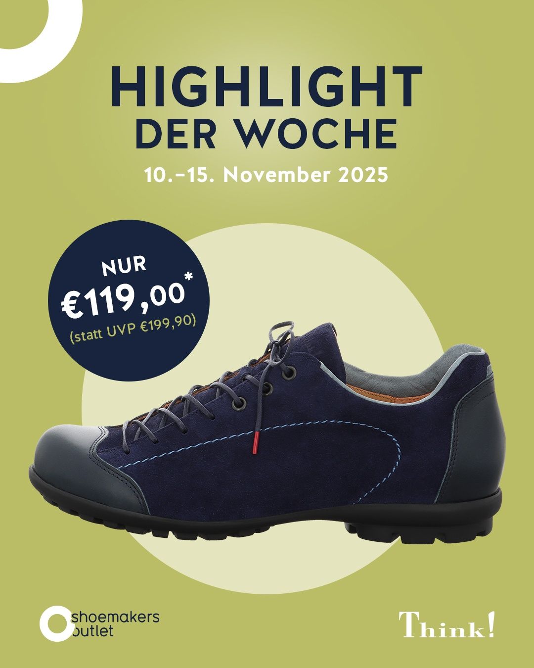 Promotional poster for a shoe sale. The price is reduced from 199.90 to 119.00. The sale is for the week of November 10-15, 2025.
