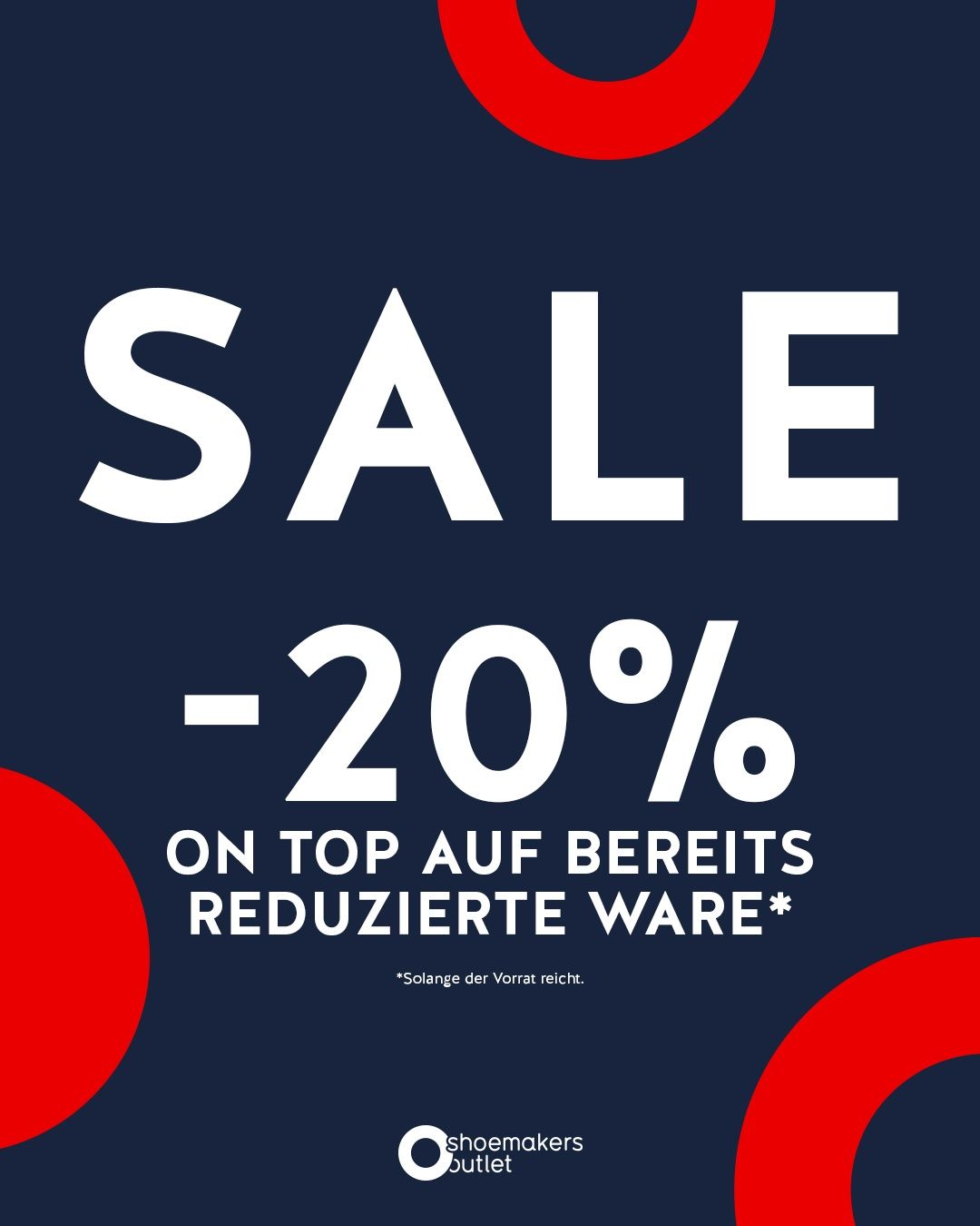 Blue poster advertising a sale with white text reading 'SALE -20%' and 'ON TOP AUF BEREITS REDUZIERTE WARE' with red circles in the background.