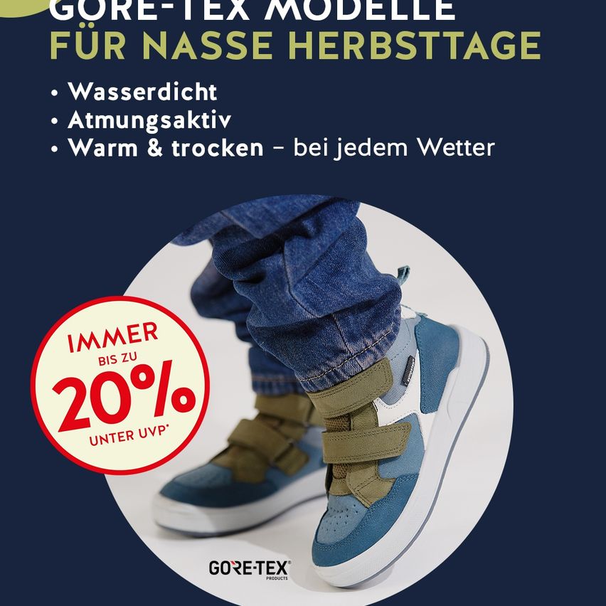 An advertisement for Gore-Tex models for wet autumn days, featuring a pair of shoes with a blue and white design, a red circle with the text 'BIS ZU 20% UNTER UVP', and the text 'GORE-TEX MODELLE FÜR NASSE HERBSTSTAGE' in yellow.