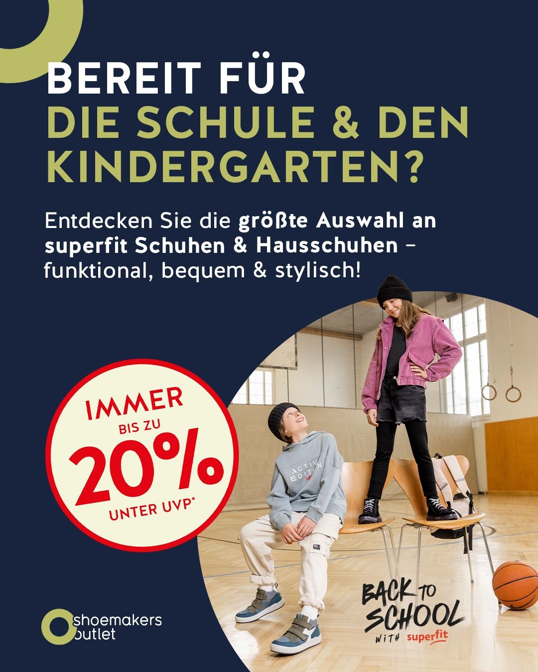 An advertisement for school and kindergarten shoes with a discount offer of up to 20% off. It features two children, one sitting and one standing on a chair, in a gym setting.
