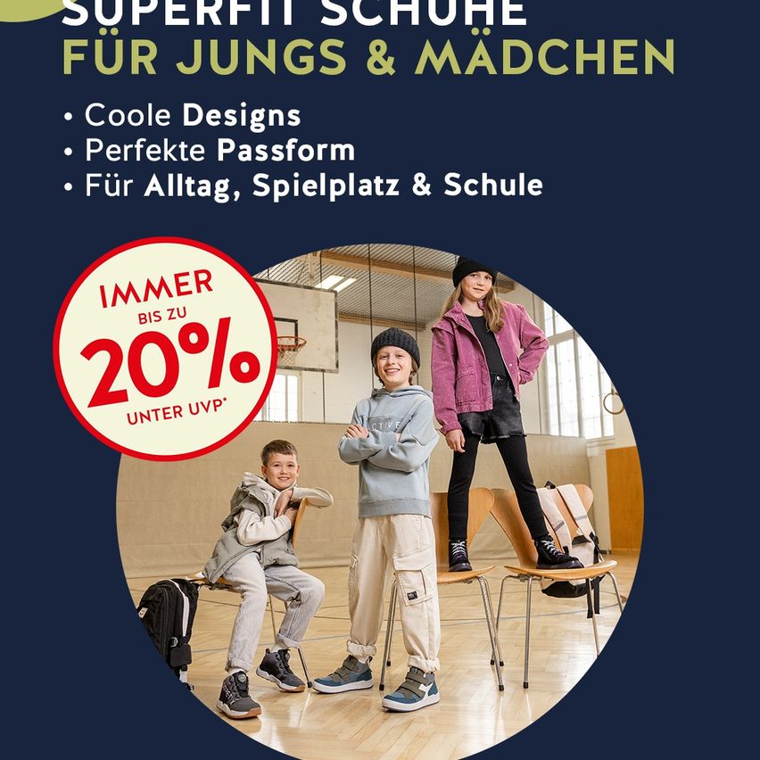 An advertisement for Superfit shoes for boys and girls with a discount offer of up to 20% off. Three children are featured, one sitting on a chair, another standing, and the third standing on a chair. The background includes a basketball court.