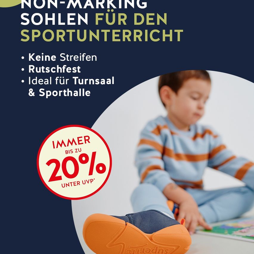 An advertisement for non-marking soles for sports classes. A boy is sitting on the floor with a book. The text highlights features like no scuffing and ideal for gym and sports halls. A discount tag reads up to 20% off.