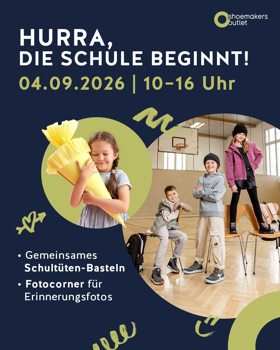 Plakat für den Schulbeginn am 4. September 2026 mit einem Mädchen, das einen Blumenstrauß hält, Kindern auf Stühlen und einem Basketballplatz im Hintergrund.