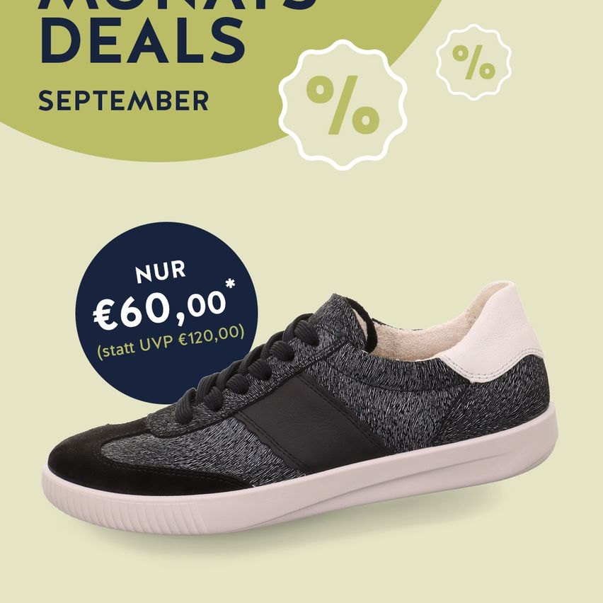 Ein Werbeplakat für einen Sneaker-Sale im September. Der Sneaker ist schwarz und weiß mit einer rosa Sohle. Der Preis beträgt 60 Euro, reduziert von 120 Euro.