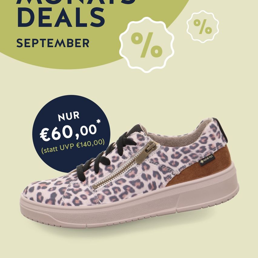 Werbung für ein Paar Leoparden-Print-Sneaker mit Reißverschluss, zum Preis von 60 Euro, ursprünglich 140 Euro. Der Hintergrund zeigt einen grünen Farbverlauf und den Text 'Monats Deals September'.