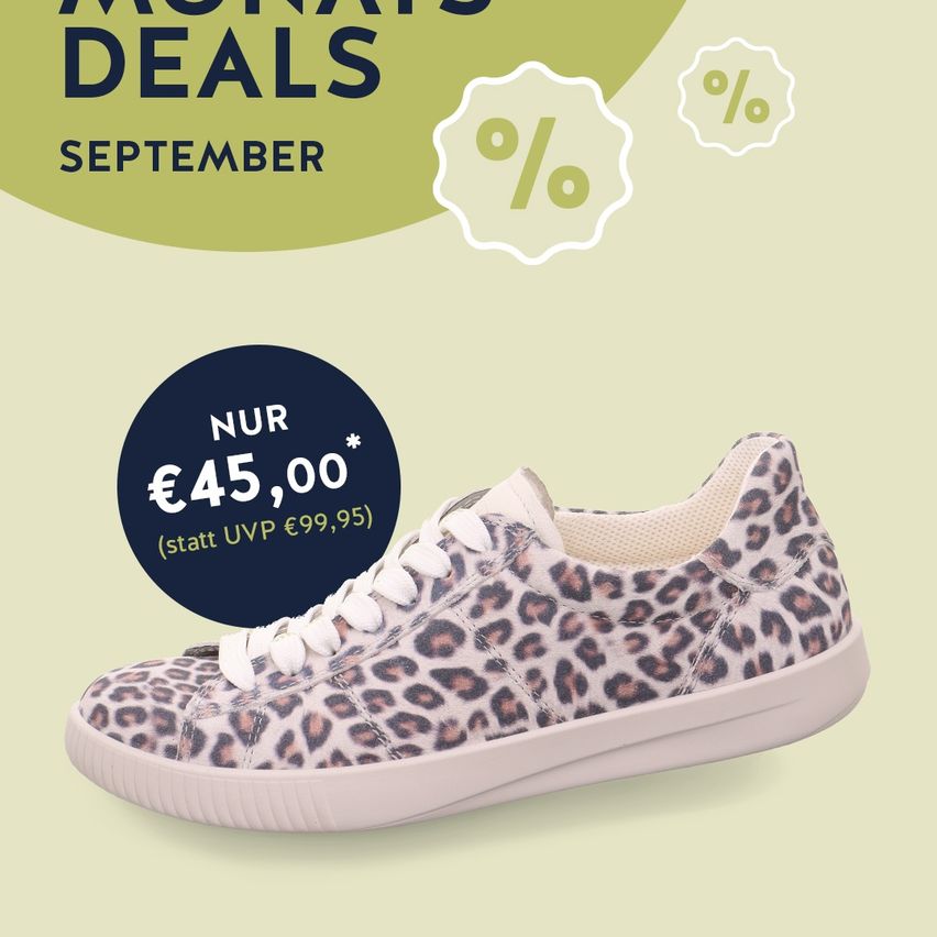 Eine Werbung für einen September-Sale von Leoparden-Print-Sneakern, zum Preis von 45 Euro, reduziert von 99,95 Euro. Der Hintergrund ist eine Mischung aus Grün und Beige.