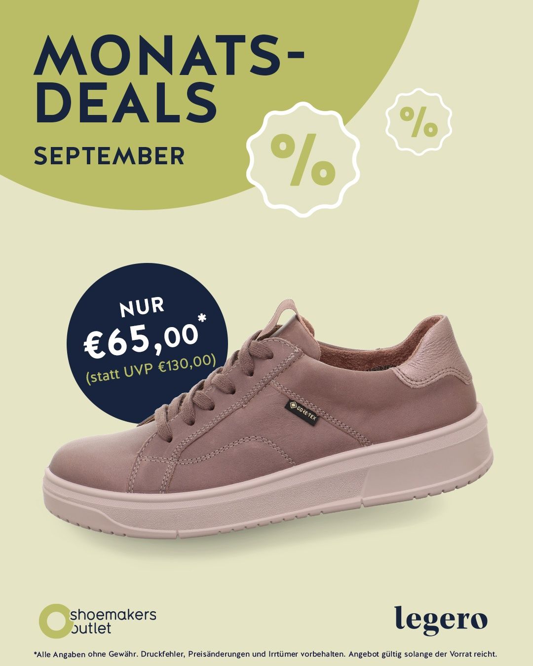 Ein Werbebild für einen Schuhverkauf im September. Der Schuh ist ein rosa Wildledersneaker mit weißer Sohle und einem Preisschild von 65,00 Euro. Der ursprüngliche Preis betrug 130,00 Euro.